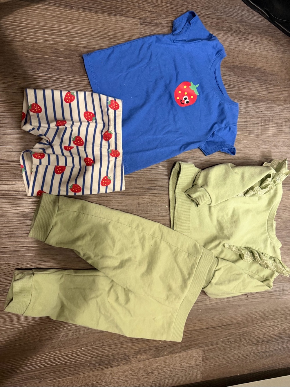 Blue Strawberry Tee w/ Shorts & Green Long Sleeve Set- 12 month